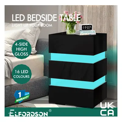 (ANNOT - DRAWERS (BLACK)) ELFORDSON Bedside Table RGB LED Nightstand 2/3 Drawers Side High Gloss