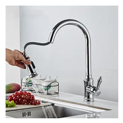 (Silver) Brass Pull Out And Splash Proof Faucet Hot Cold Mixing Dual Mode Kitchen Sink Wash Basi