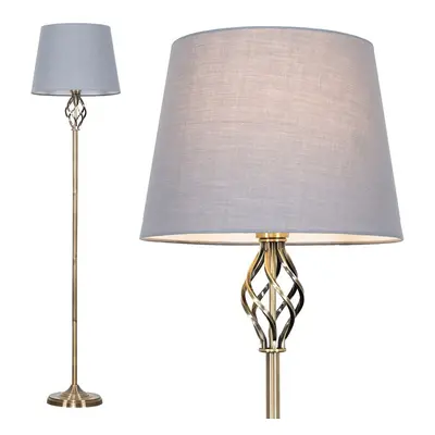 Traditional Style Antique Brass Barley Twist Floor Lamp with a Grey Tapered Light Shade