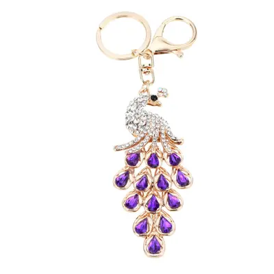 (Purple) Jewelry Hollow Shinning Rhinestone Aureate Peafowl Pendant Key Ring Chain