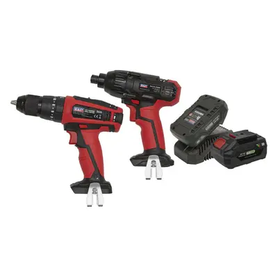 2x Cordless Power Tool Set & Li-Ion Battery - Hammer Drill & Impact Driver