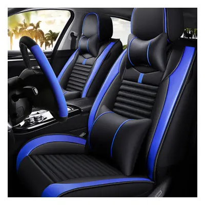 (Black Blue) PU Leather Auto Car Seat Cover Set Protector Front&Rear Full Surrounding