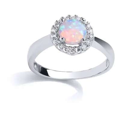 (N) Jewelco London Ladies Rhodium Plated Sterling Silver Opal Halo Cluster Solitaire Engagement 