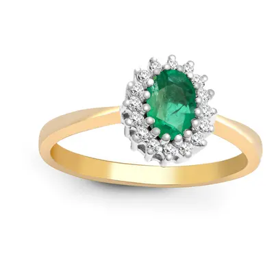 (V) Jewelco London 9ct Yellow Gold H I2 0.12ct Diamond and Oval Green 0.52ct Emerald Classic Roy