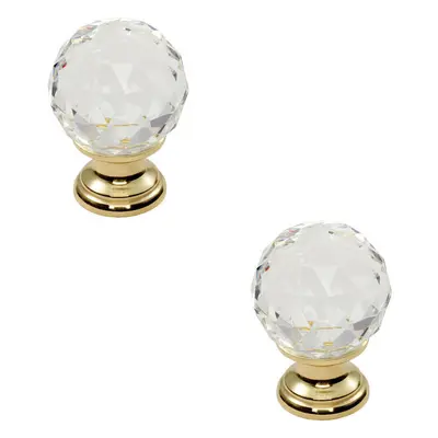 2x Faceted Crystal Cupboard Door Knob 40mm Dia Polished Brass Cabinet Handle