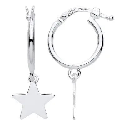 Jewelco London Ladies Rhodium Plated Sterling Silver Hanging Magic Star Charm Hoop Drop Earrings