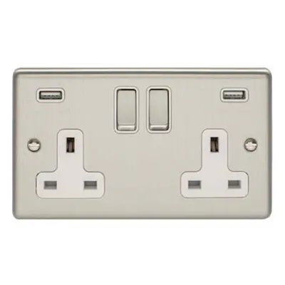 2 Gang Single UK Plug Socket & Dual 2.1A USB SATIN STEEL & White 13A Switched