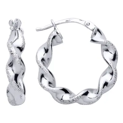 Jewelco London Ladies Rhodium Plated Sterling Silver Frosted Satin Chunky Twist Hoop Earrings - 