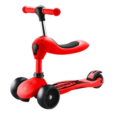 (Red) Children's Scooter With Four Wheel Sitting Two In One Baby Foldable Colorful