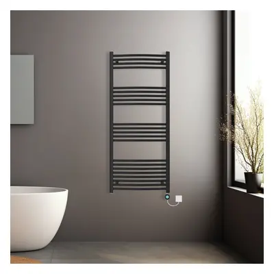 (Black, 1400x600mm) Pre-filled Electric Curved Heated Towel Rail Radiator Thermostatic