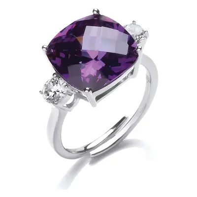 (P) Jewelco London Ladies Rhodium Sterling Silver Purple Cushion CZ Shoulder-Set Claw Solitaire 