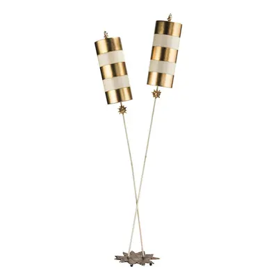 2 Bulb Twin Floor Lamp Star Shaped Base Gold Taupe Striped Shades LED E27 60W