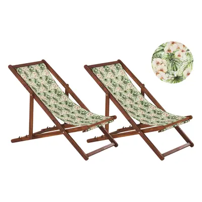 Set of Acacia Folding Deck Chairs and Replacement Fabrics Dark Wood with Off-White / Floral Patt