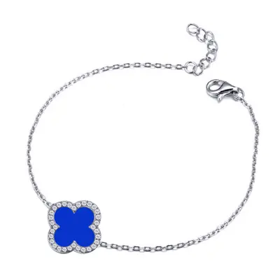 Jewelco London Silver Blue Clover Agate & CZ Halo Lucky Charm Chain Bracelet 7-8.5" - ABB243