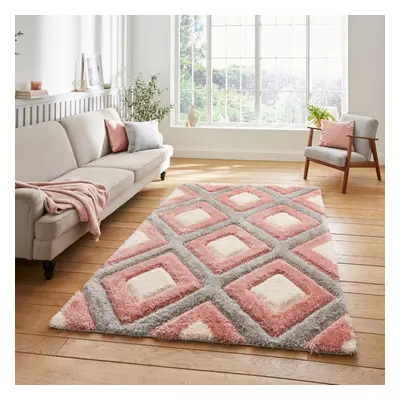 (Grey / Pink) Think Rugs Olympia GR224 Geometric Hand Carved Shaggy Rug