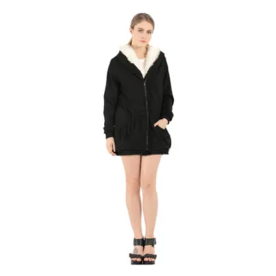 (Black, S) Women Hooded Coat Jacket Faux Fur Lining Collar Zip Drawstring Waist Pockets Long Thi