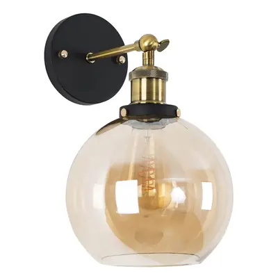 Pair of Antique Brass & Black Metal Adjustable Knuckle Joint Wall Light Fittings with Amber Tint