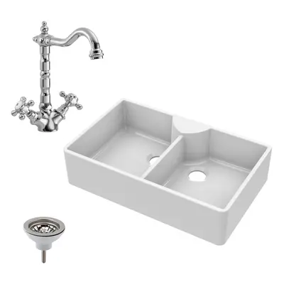 895mm - Two Bowl Fireclay Butler Kitchen Sink - Stepped Weir, Classic Tap & Wastes