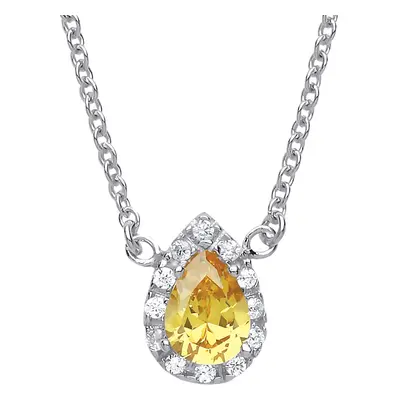 Jewelco London Ladies Sterling Silver Yellow Pear Cubic zirconia Teardrop Halo Charm Necklace + 