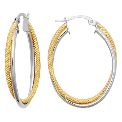 Jewelco London Ladies 9ct Yellow and White Gold Double Oval Snake Mesh 3mm Hoop Earrings, 32x24m