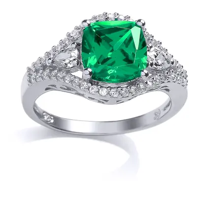 (M) Jewelco London Ladies Rhodium Plated Sterling Silver Green Cushion Cubic Zirconia Halo Engag