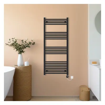 (Black, 1400x600mm) NRG Prefilled Thermostatic Electric Straight Heated Towel Rail Radiator