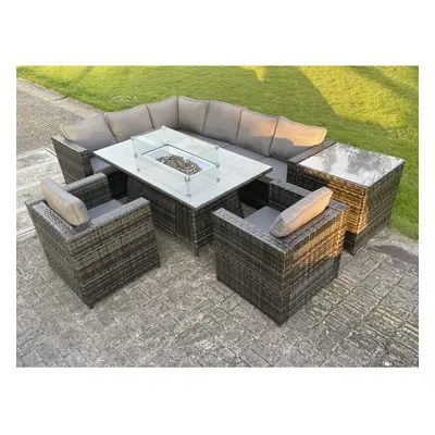 Fimous Outdoor Rattan Garden Corner Furniture Gas Fire Pit Dining Table Gas Heater Sets Seater