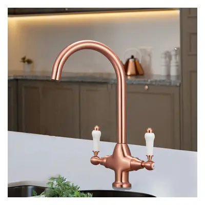 Nes Home Traditional Copper Twin Lever Kitchen Mixer Tap With Swivel Spout