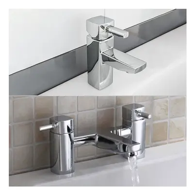 Newport Square Basin Sink Mono Mixer Tap & Bath Filler Tap Chrome