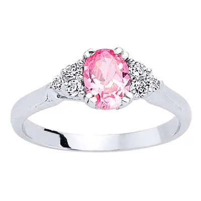 (L) Jewelco London Ladies Rhodium Plated Sterling Silver Pink Oval Cubic Zirconia Solitaire Enga