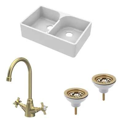 Fireclay Kitchen Bundle - Double Bowl Stepped Weir Butler Sink, Wastes & Mono Crosshead Tap, 795