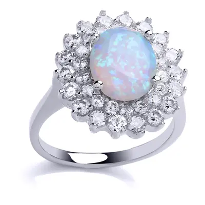 (N) Jewelco London Ladies Rhodium Plated Sterling Silver oval opal Royal Cluster Cluster Ring