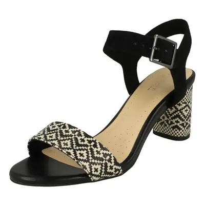 (UK 5.5, Black) Ladies Clarks Block Heeled Peep Toe Sandals Amali Weave - D Fit