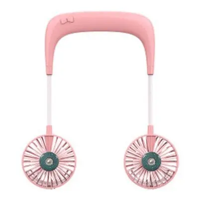 (Pink) Mini Portable Neck Hanging Fan USB Rechargeable Sport Camping Lazy Air Cooler Double Head