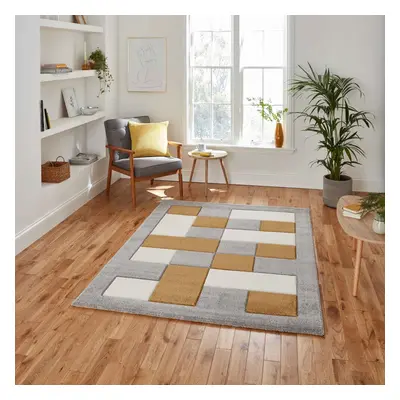 (Grey / Yellow, x cm - Runner) Think Rugs Brooklyn BRK04 Box Checkers Geometric Rugs Multi Colou