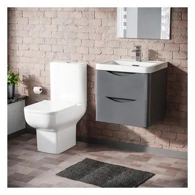 Nes Home Grey 500mm Wall Hung Vanity Basin Unit & Close Coupled Toilet