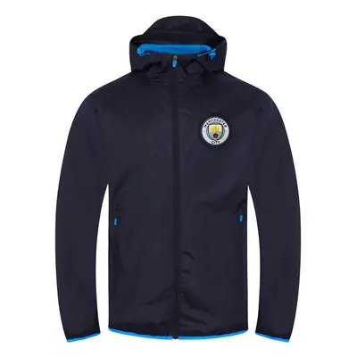 (Navy Peaked Hood, Medium) Manchester City FC Official Football Gift Mens Shower Jacket Windbrea