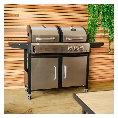 CHARLES BENTLEY Dual Fuel 2+1 Burner Gas Grill & Charcoal Grill BBQ With Thermometer, Fire Box, 