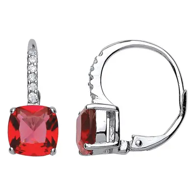 Jewelco London Ladies Sterling Silver Ruby-Red Cushion Cubic Zirconia Pave Drop Earrings - GVE46