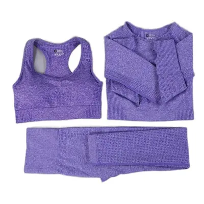 (Purple, 3Pcs Set) Women Seamless Yoga Set Gym SportWear Running Outwork Fitness Long SLeeve Hig