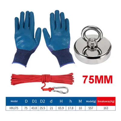 (75mm) HNJ48/60/75mm Strong Neodymium Fishing Magnet Set With 10m Rope And Gloves Fishing Tools