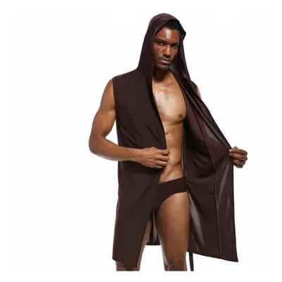 (brown, S) Men Sexy Bathrobe Ice Silk Hooded Pajamas