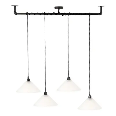 Industrial Black Way Pipework Bar Over Ceiling Light Frosted Glass Tapered Shades