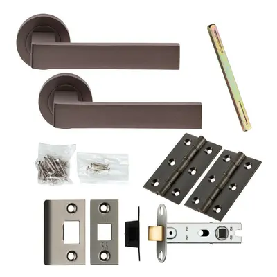 Door Handle & Latch Pack Matt Bronze Flat Square Lever Screwless Round Rose