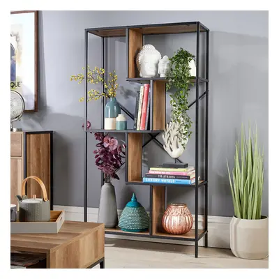 Large Open Storage Shelves Abstract Display Unit Oak Finish Black Frame