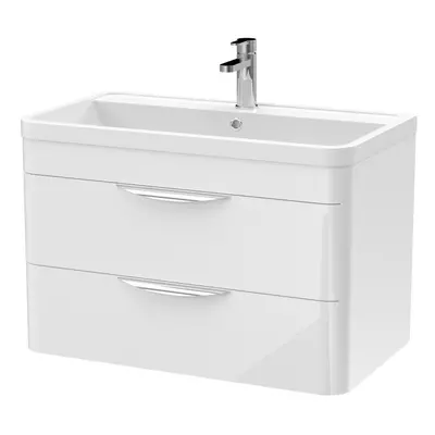 Wall Hung Drawer Vanity Unit with Ceramic Basin - 800mm - Gloss White