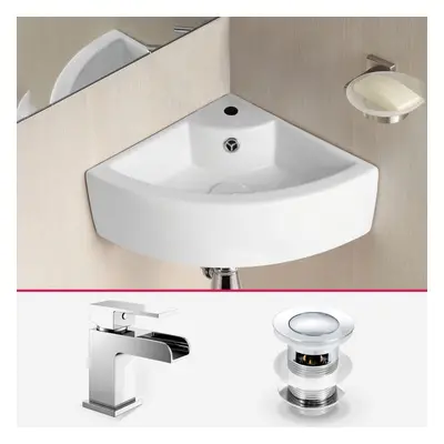 Quarter Circle Corner Cloakroom Basin & Waterfall Mixer Tap Waste