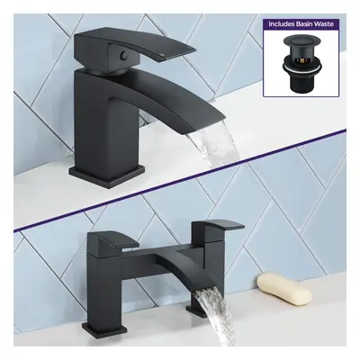 Seirra Waterfall Bath Filler & Basin Mixer Taps & Waste Matte Black