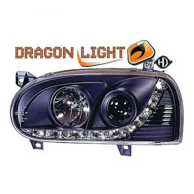 LHD Projector Headlights Pair LED Dragon DRL Lights Clear Black VW Golf III