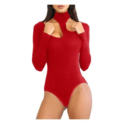 (Red, S) Women Jumpsuit Halterneck Long Sleeve Cutout Solid Night Club Party